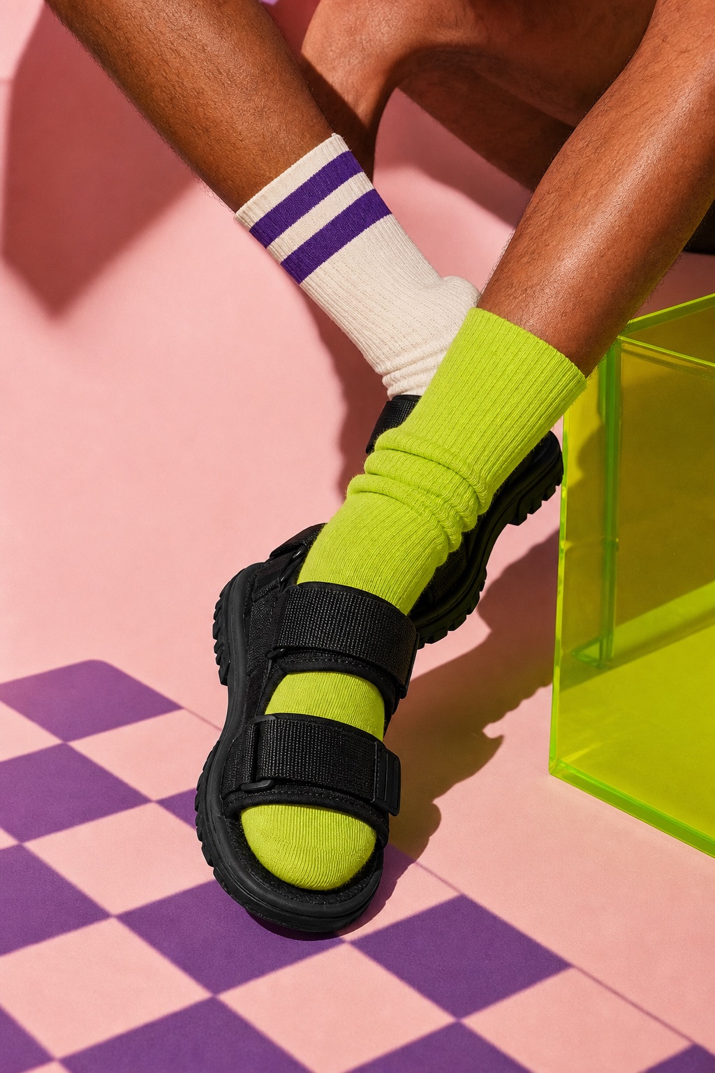 Close-up of purple-striped and electric-lime socks worn with chunky black sport sandals